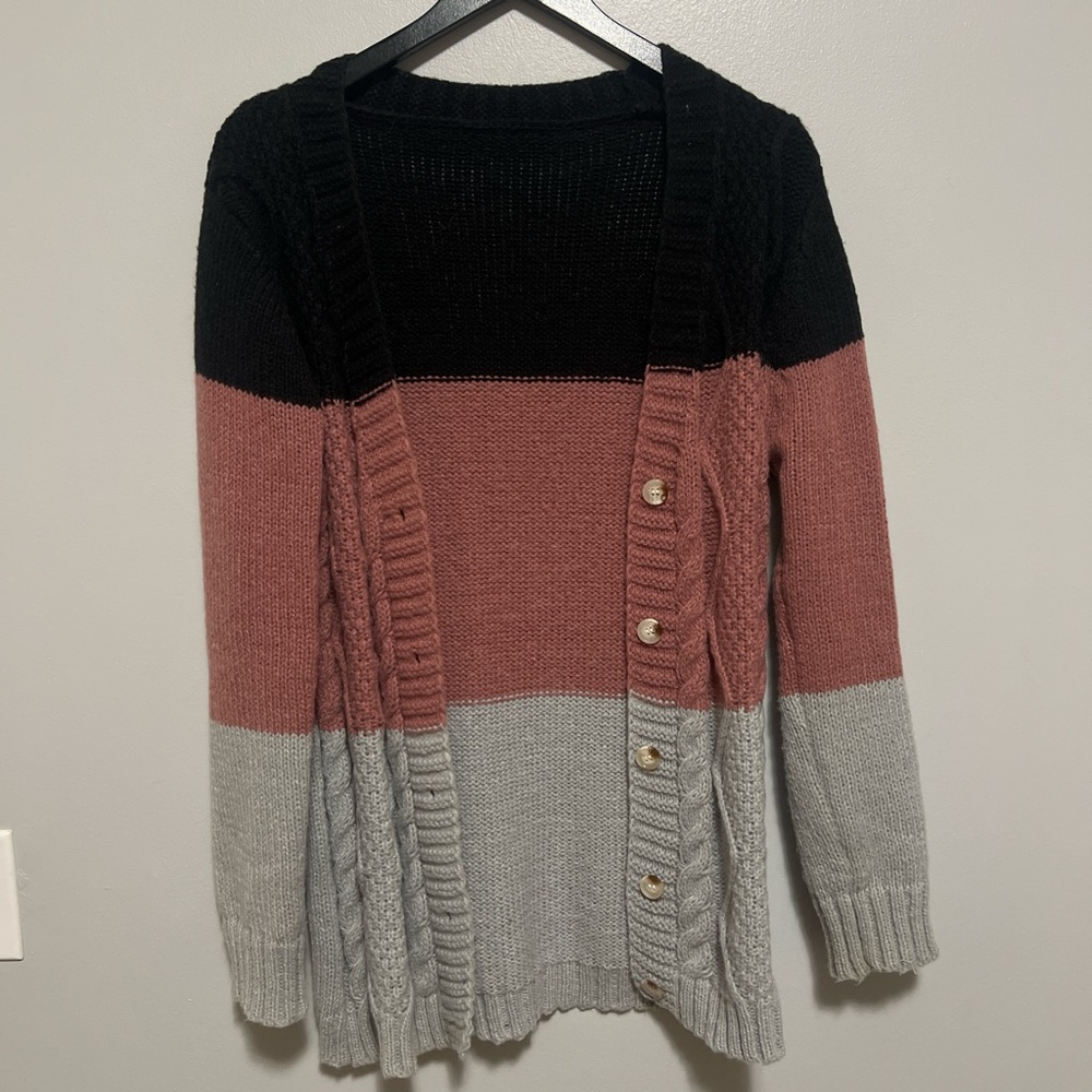 Colorblock Open-Front Cable Knit Cardigan - Black, Dusty Rose, Light Gray S